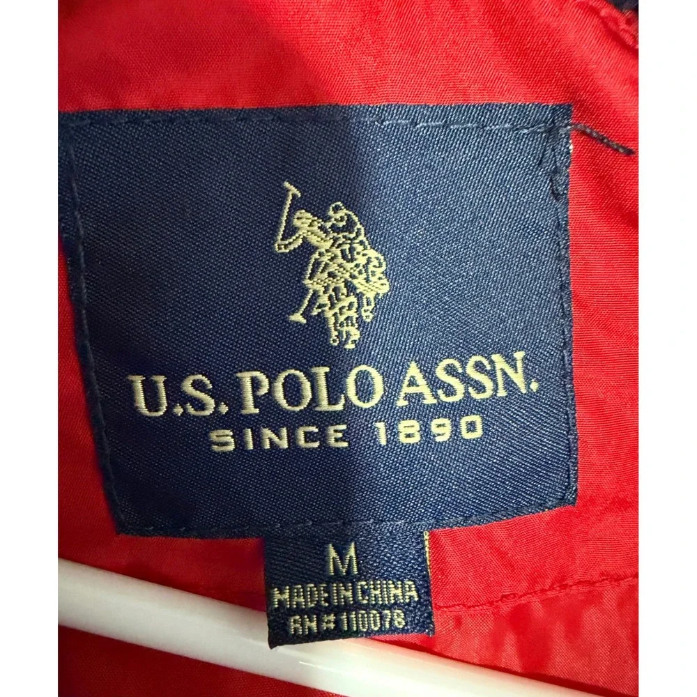 US Polo Assn Puffer Jacket Mens M Red Navy Excellent Hooded Fleece Sleeve Zip